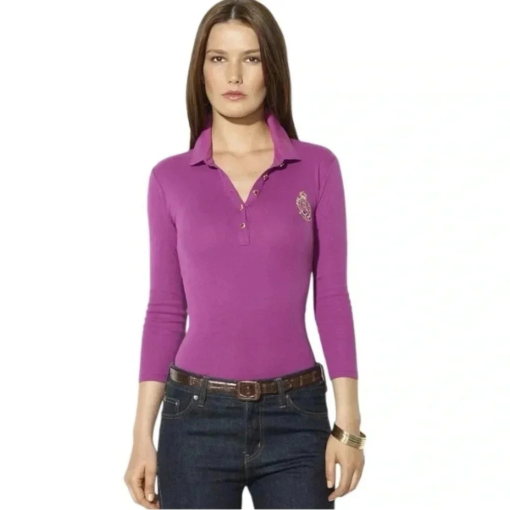 LAUREN RALPH LAUREN | Three Quarter Sleeve Polo Shirt with Gold Crest Size PM